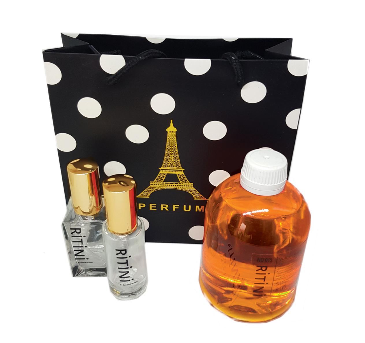 RiTiNi woman 071 fragrance refill bottle with two empty perfume bottles, inspired by Escada MAGNETISM.